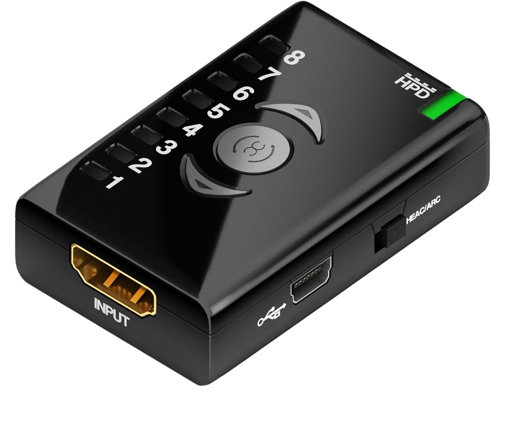 Vhodna stran Dr HDMI z vhodom HDMI, priključkom Mini-USB in stikalom HEAC/ARC