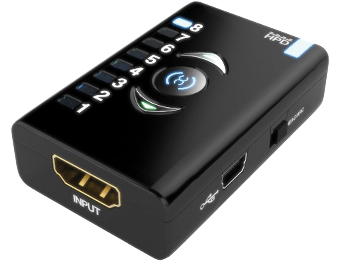 Dr HDMI z vhodom HDMI, priključkom Mini-USB in prižganimi LED za banke EDID