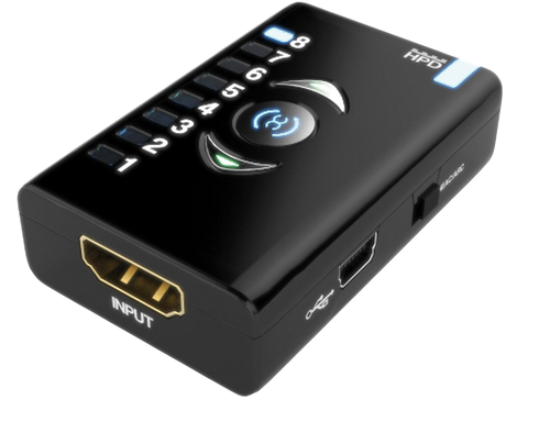 Dr HDMI z vhodom HDMI, priključkom Mini-USB in prižganimi LED za banke EDID