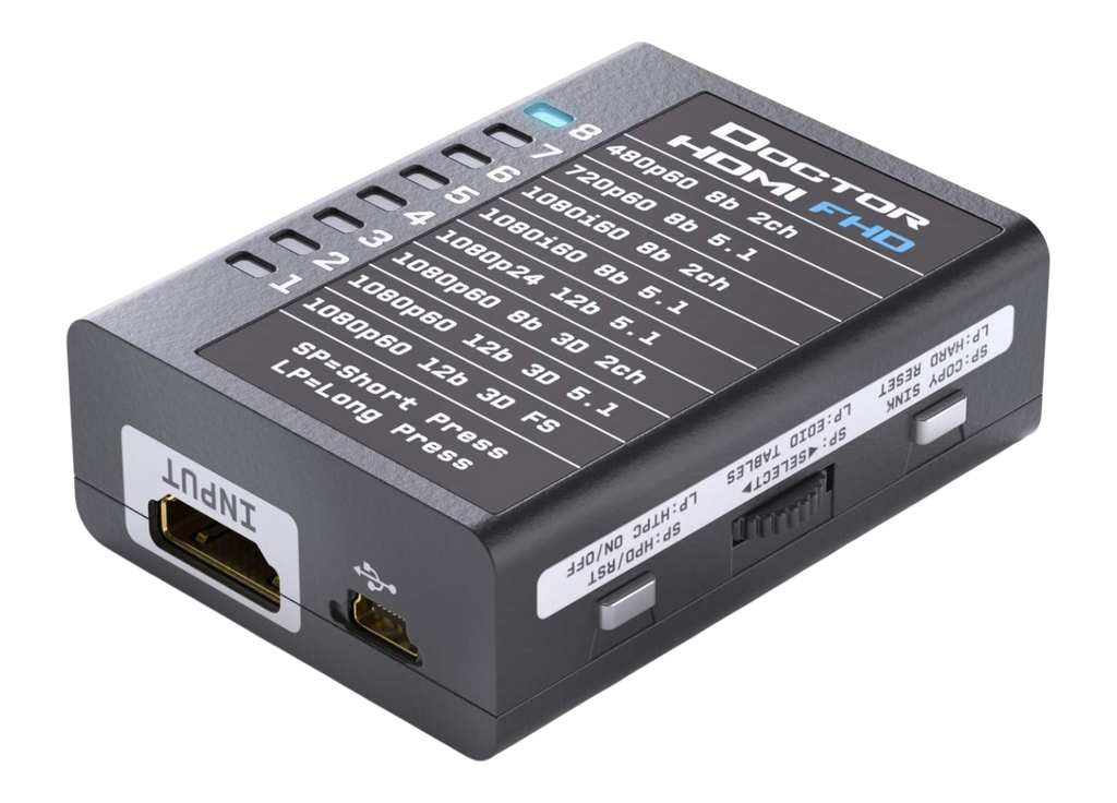 Izhodna stran Dr HDMI 4K, z izhodom HDMI, priključkom RS232 ter gumboma copy sink in HPD