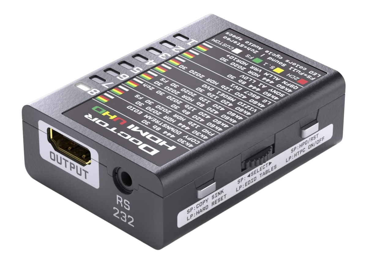 Dr HDMI 4K z izhodne strani, s tabelo bank EDID UHD, natisnjeno na zgornji strani