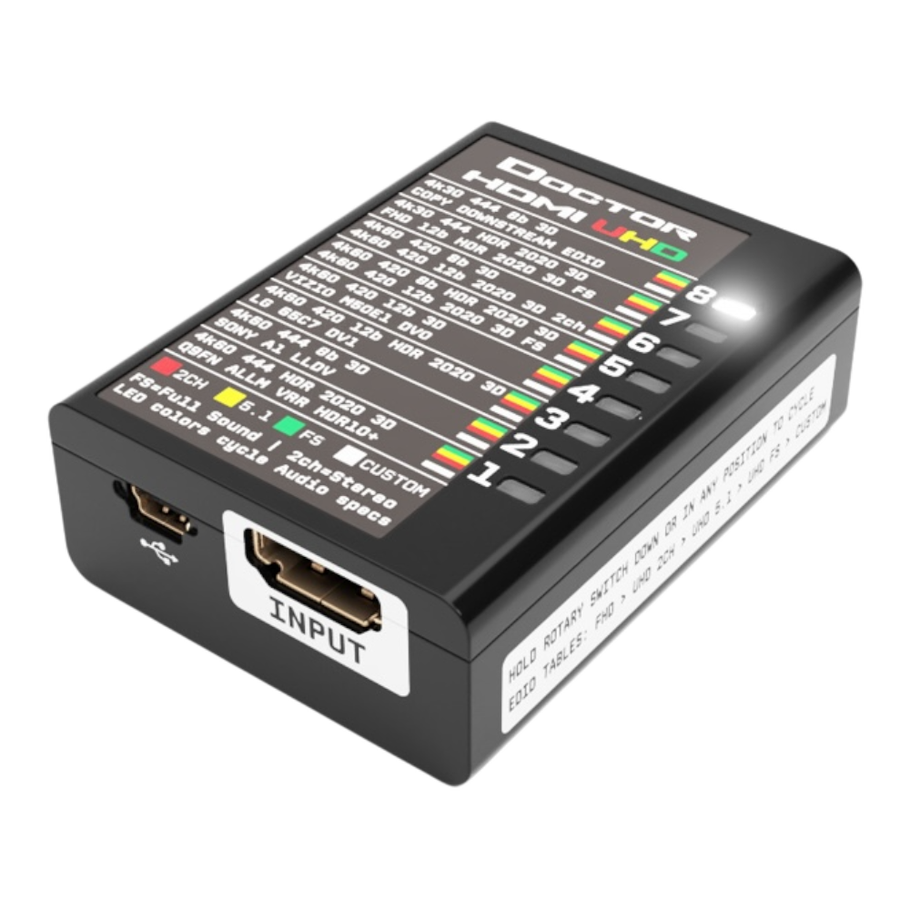 Vhodna stran Dr HDMI 4K, z vhodom HDMI, vrati mini USB in tabelo EDID UHD na vrhu