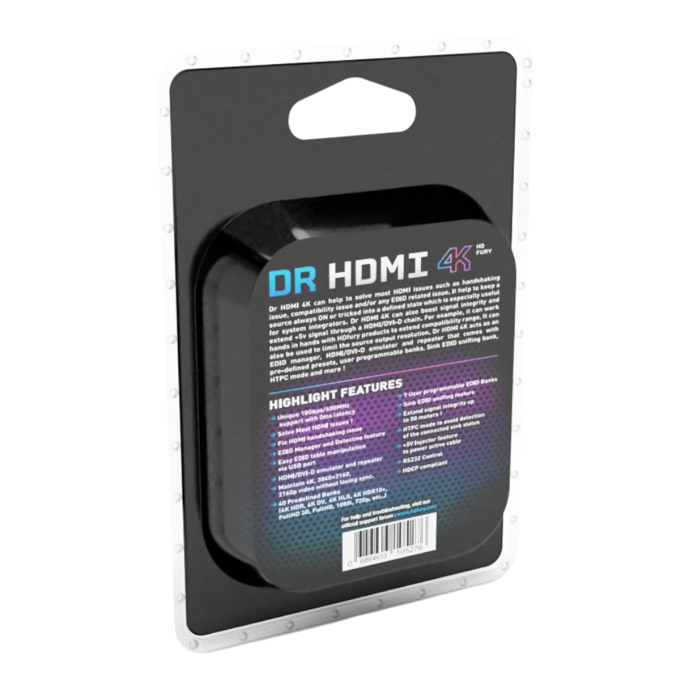 Embalaža Dr HDMI 4K, hrbtna stran, s specifikacijami