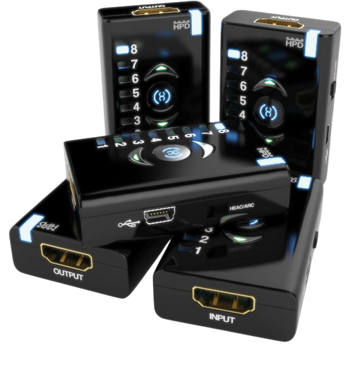 Pet enot Dr HDMI z različnih zornih kotov z vhodom in izhodom HDMI, priključkom Mini-USB in stikalom HEAC/ARC