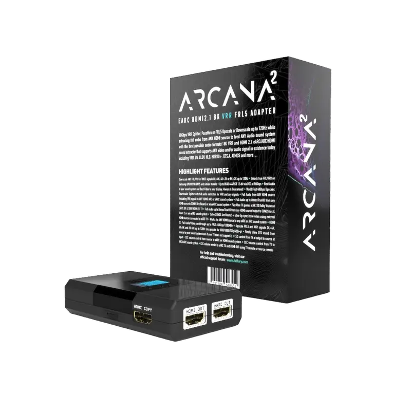 HDfury Arcana 2, priključki zadaj: HDMI vhod, 2x HDMI izhod, eARC izhod