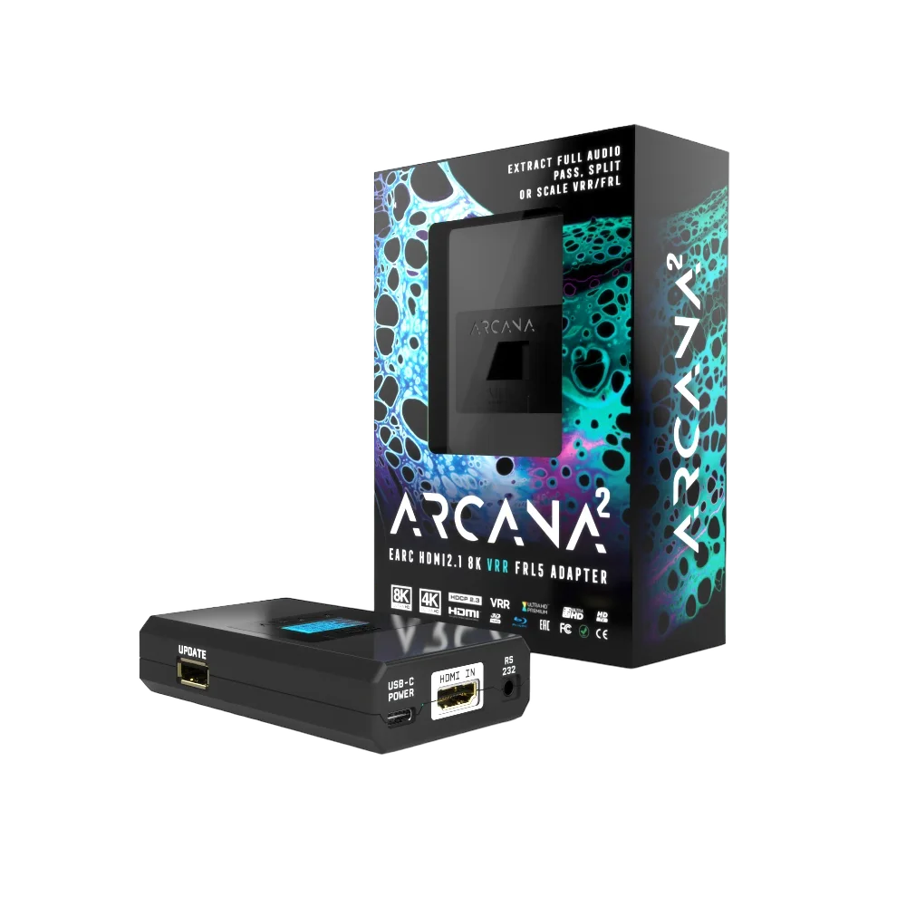 HDfury Arcana 2, 8K eARC adapter, pogled od spredaj z OLED zaslonom
