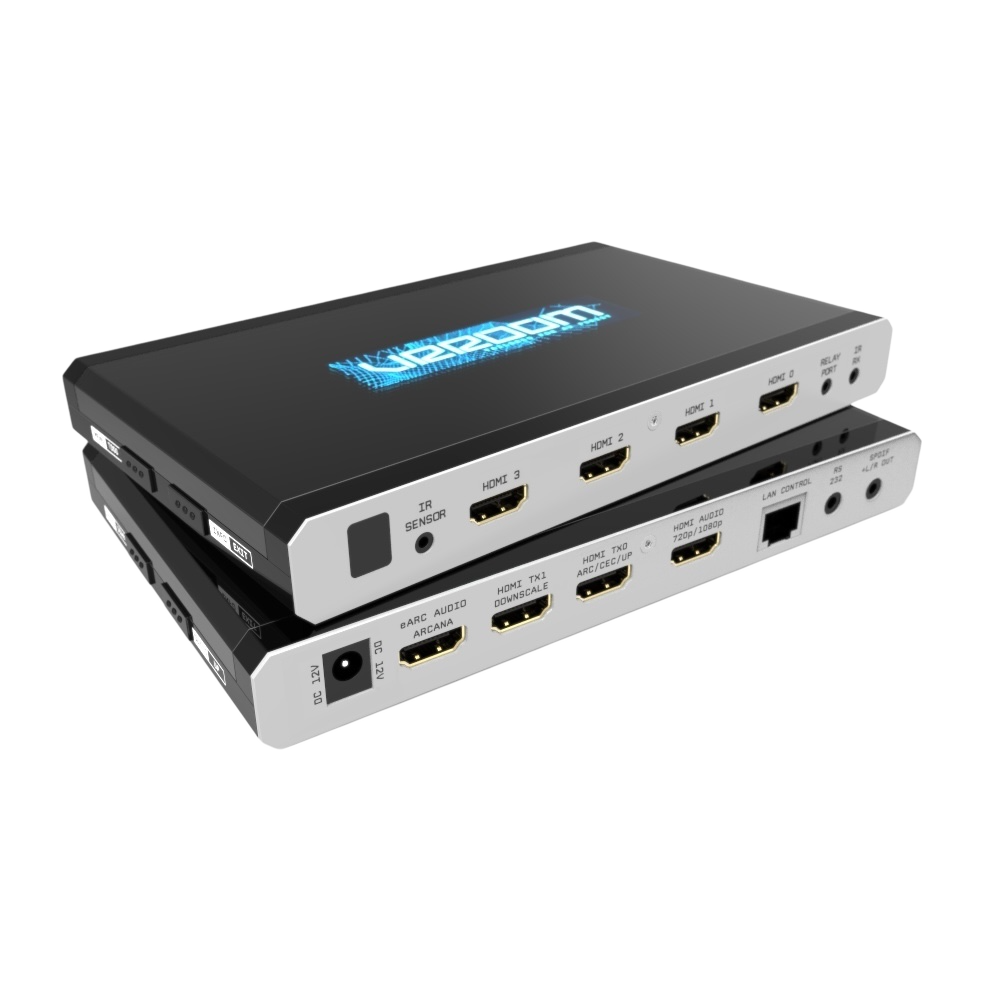 HDfury VRROOM: 8K HDMI 2.1 matrika, skalirnik in eARC ekstraktor zvoka, pogled od spredaj z OLED zaslonom