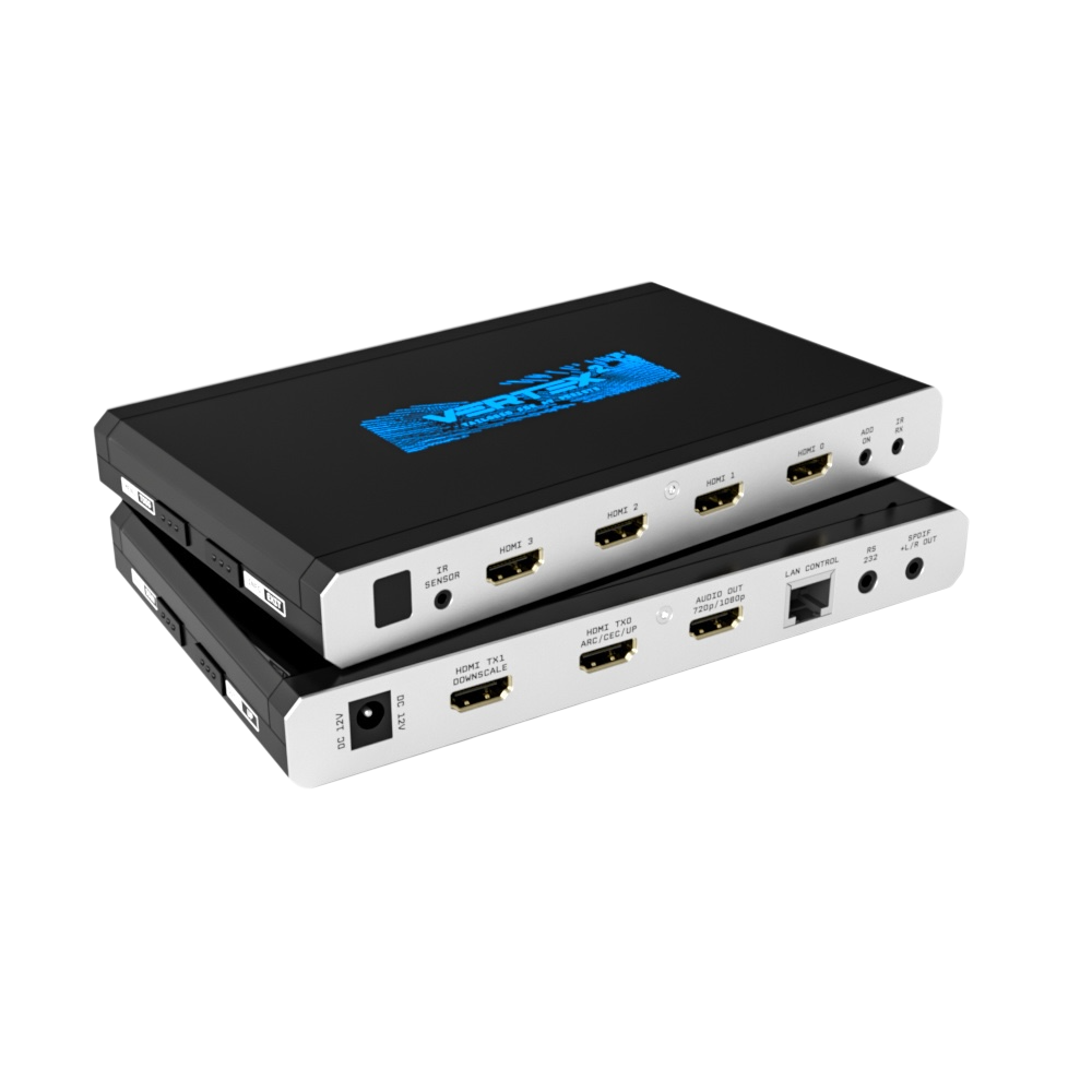 HDfury Vertex 2, matrika 4x2 HDMI, prikazana dvakrat, ena nad drugo: zgoraj štirje vhodi HDMI, spodaj izhoda skalerja TX0 in TX1, izhod avdio ekstraktorja, LAN, RS232 in S/PDIF