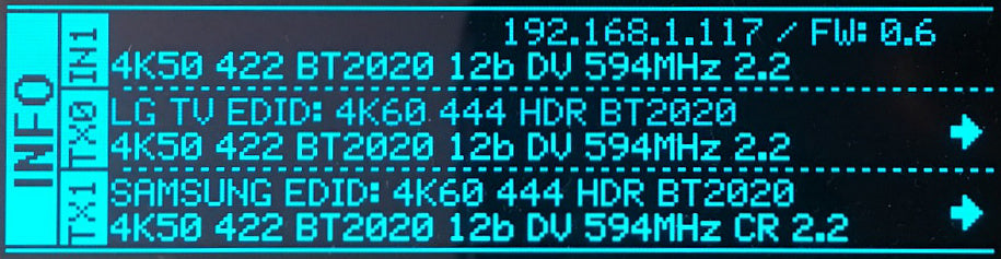 Informacijski zaslon OLED naprave HDfury Vertex 2 z naslovom IP 192.168.1.117, firmwarom 0.6, vhodnim signalom 4K50 4:2:2 12-bitno Dolby Vision in tem, kar skaler pošilja na zaslona LG in Samsung prek TX0 in TX1