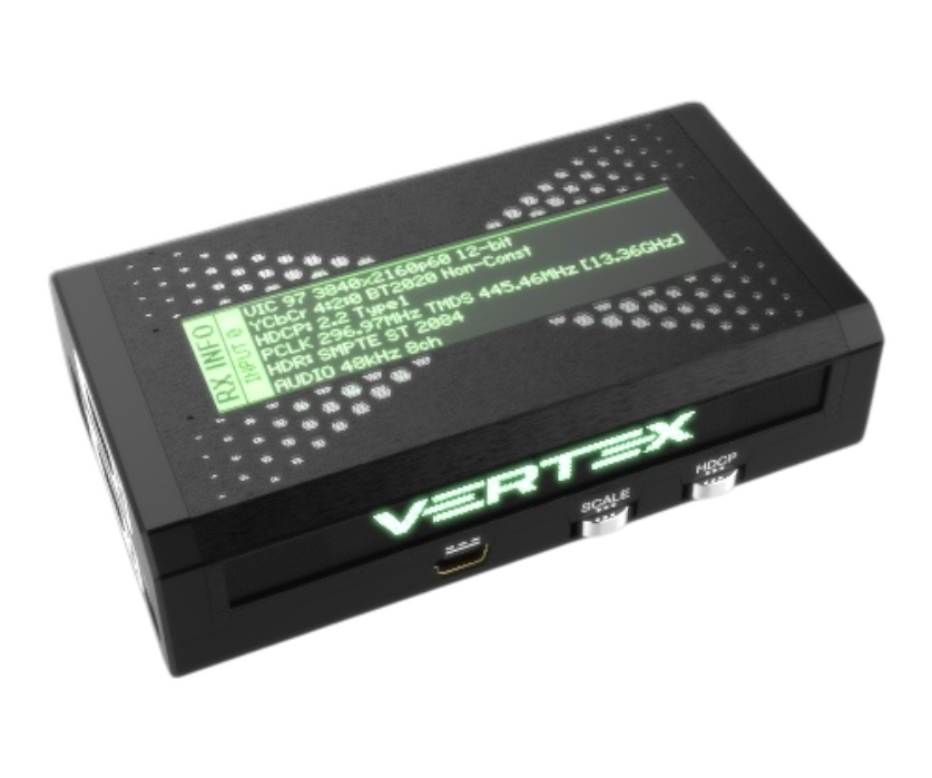 RX INFO na OLED-u HDfury Vertex: 3840x2160p60 12-bit, YCbCr 4:2:0 BT2020, HDCP 2.2, HDR SMPTE ST 2084, 8-kanalni zvok