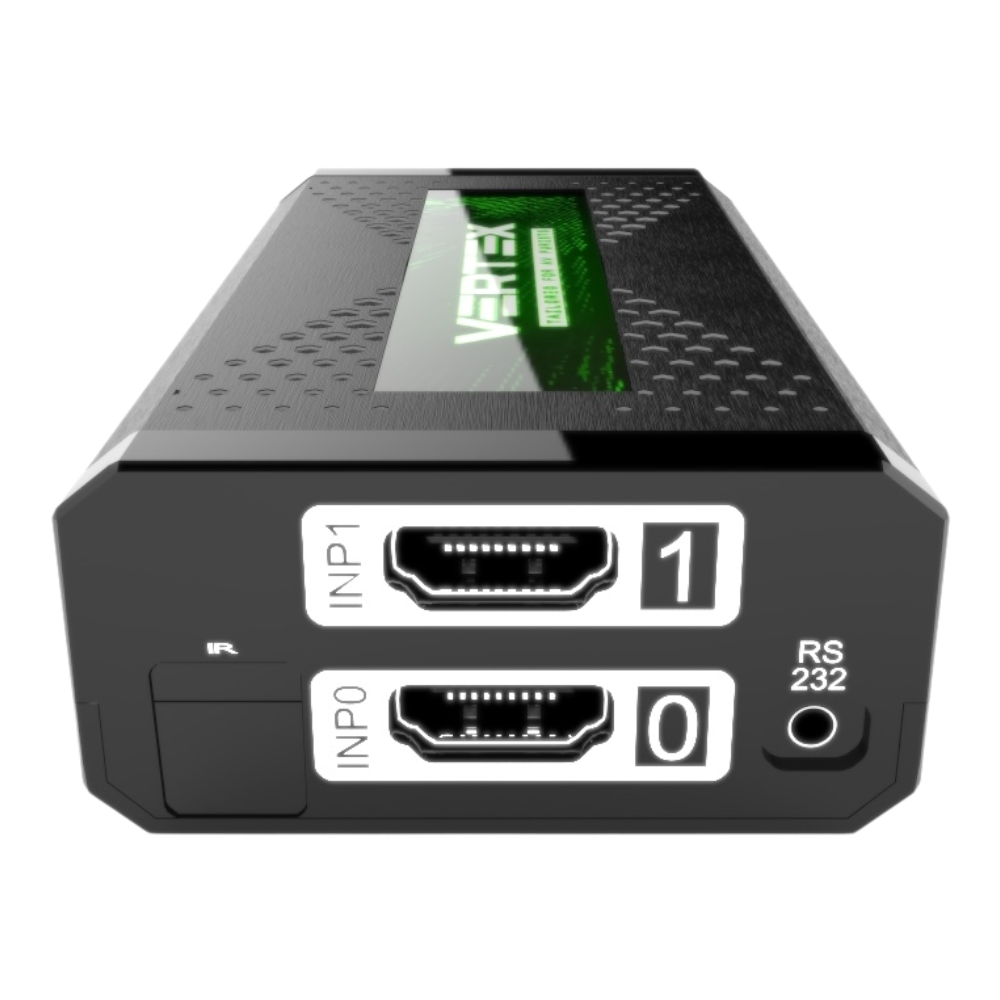 Vhodna stran HDfury Vertex: vhoda HDMI INP0 in INP1, sprejemnik IR in vrata RS232