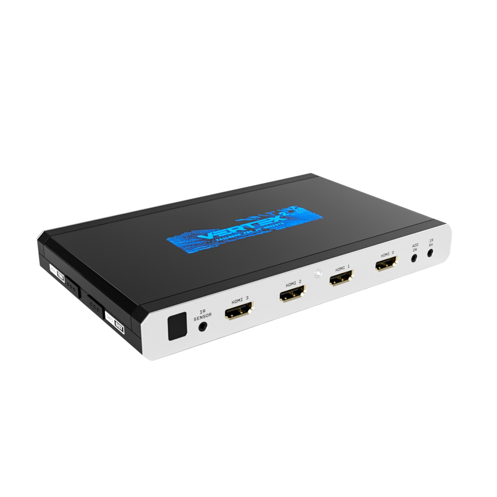 HDfury Vertex 2, matrika 4x2 HDMI, razdelilnik in skaler na belem ozadju, s štirimi vhodi HDMI 18Gbps in modrim logotipom Vertex 2 na pokrovu