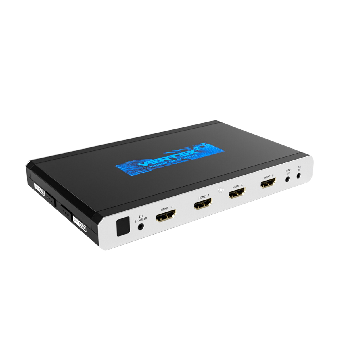 HDfury Vertex 2, matrika 4x2 HDMI, razdelilnik in skaler na belem ozadju, s štirimi vhodi HDMI 18Gbps in modrim logotipom Vertex 2 na pokrovu