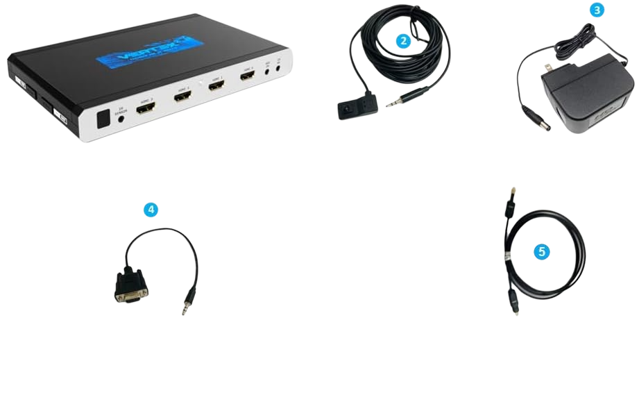 Kaj je v paketu s HDfury Vertex 2: enota, kabel z IR sprejemnikom, napajalnik 12 V, kabel RS232 in optični kabel