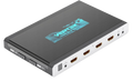 HDMI matrika in preklopnik HDfury Vertex 2 od zgoraj pod kotom, vhodna stran: senzor IR, štirje vhodi HDMI, oštevilčeni od 0 do 3, vtiča za dodatke in IR RX