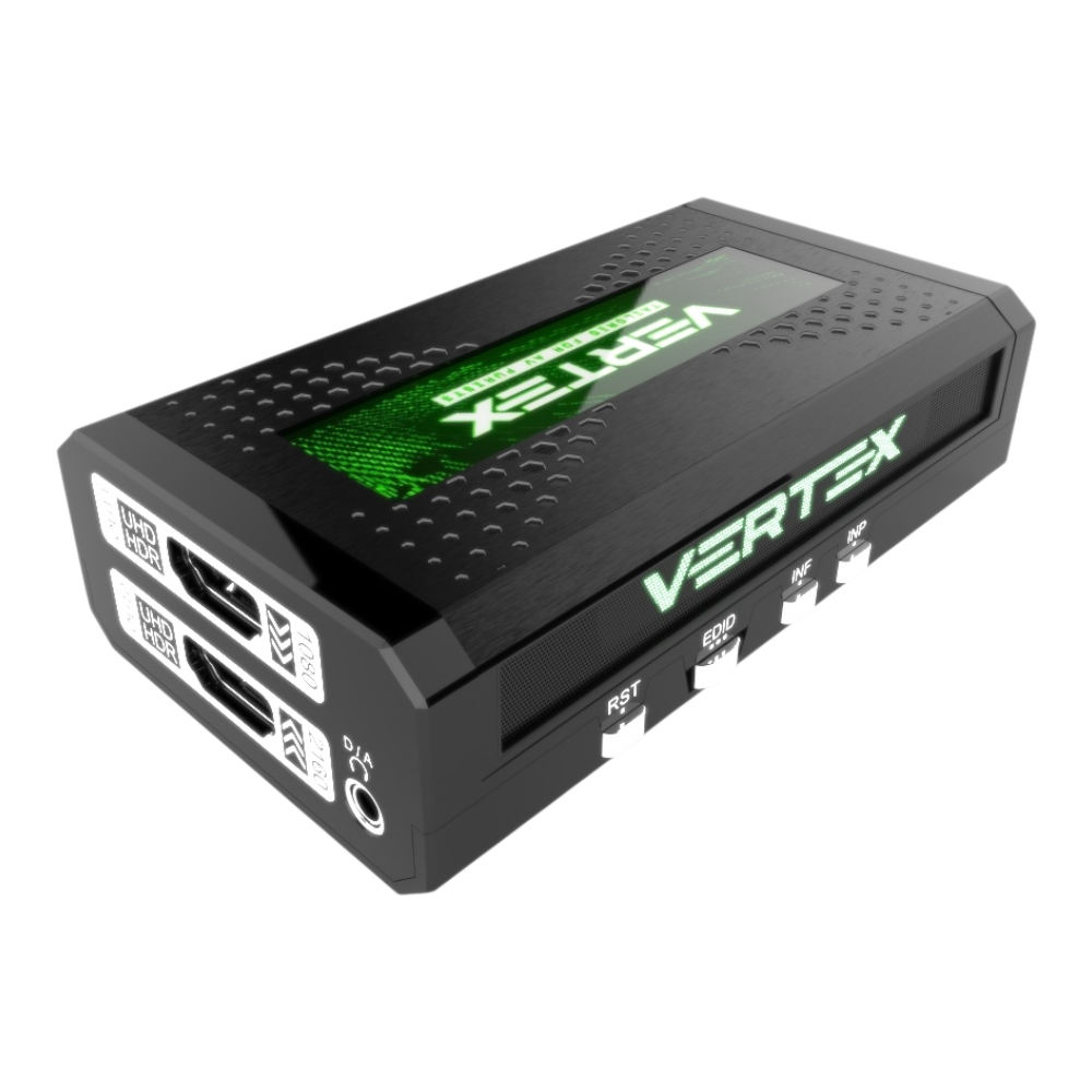 HDfury Vertex HDMI 2.0b razdelilnik in skaler: izhodi HDMI, zvočni priključek D/A in tipke RST, EDID, INF in INP