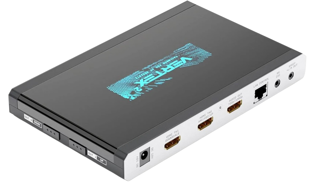 Izhodna stran naprave HDfury Vertex 2: 12V DC, HDMI TX1 s skaliranjem navzdol, HDMI TX0 z ARC, CEC in skaliranjem navzgor, izhod avdio ekstraktorja 720p/1080p, LAN za upravljanje, RS232 in S/PDIF z izhodom L/R