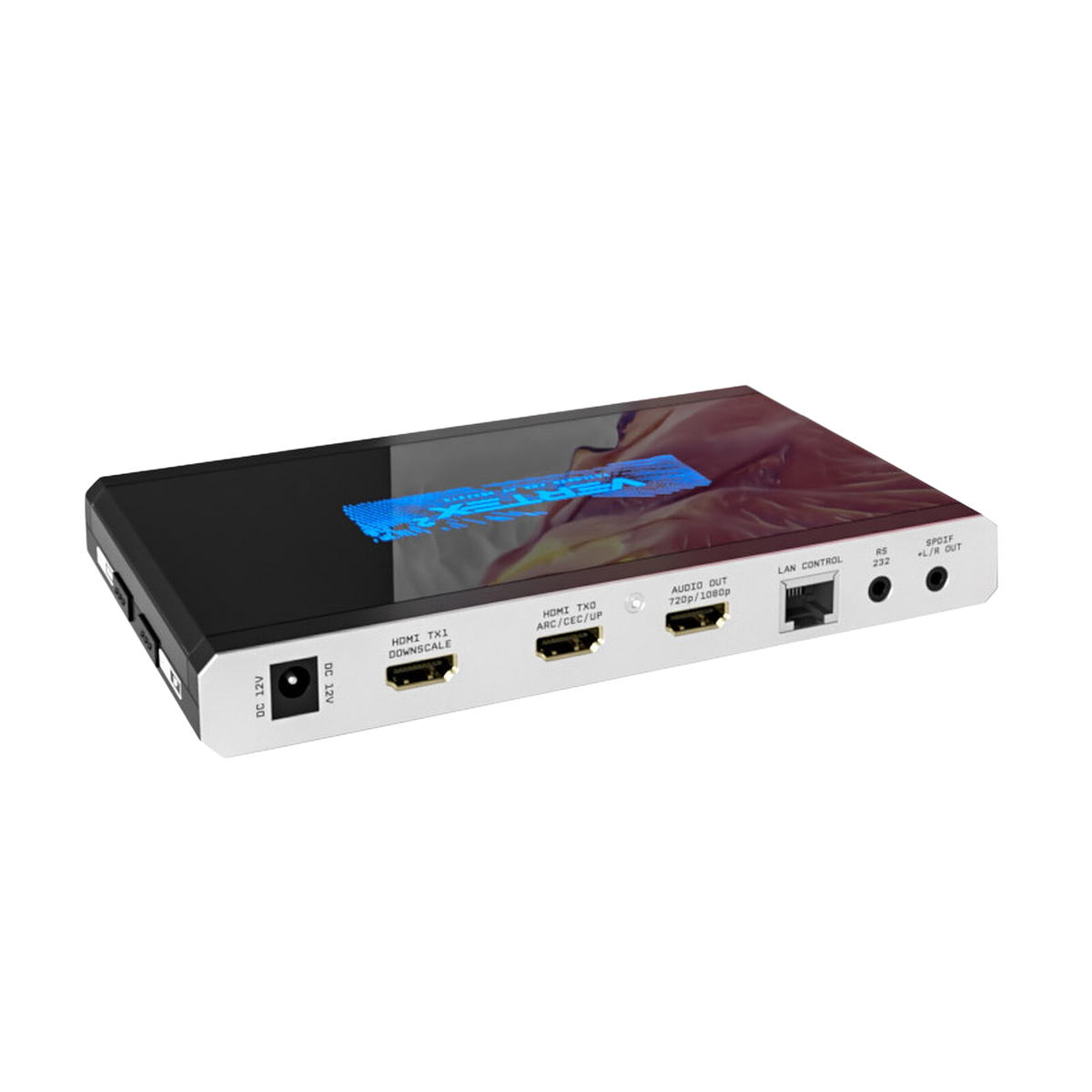 Izhodi naprave HDfury Vertex 2 od blizu: 12V DC, HDMI TX1 s skaliranjem navzdol, HDMI TX0 z ARC, CEC in skaliranjem navzgor, namenski HDMI izhod avdio ekstraktorja, LAN za upravljanje, RS232 in optični S/PDIF
