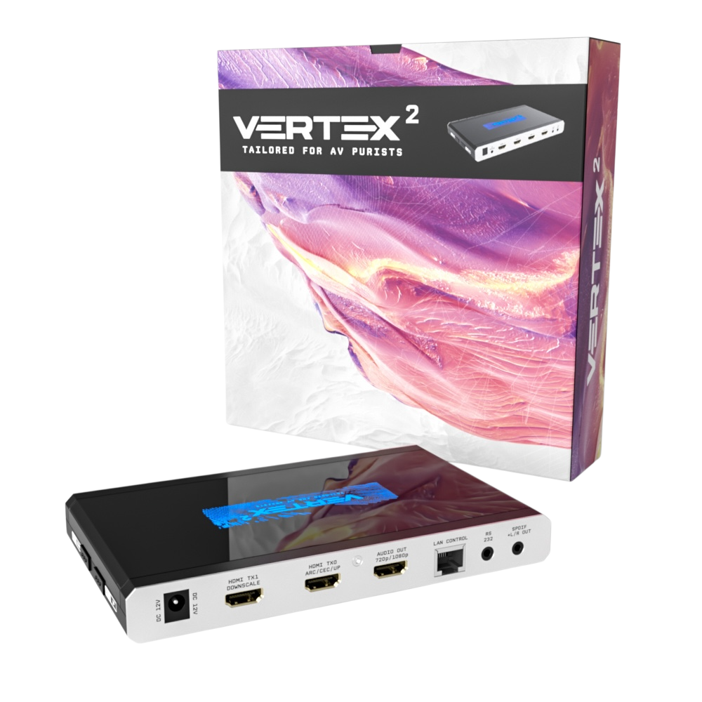 Prodajna škatla HDfury Vertex 2 ob enoti, z vidnima izhodoma skalerja TX0 in TX1 ter avdio izhodom