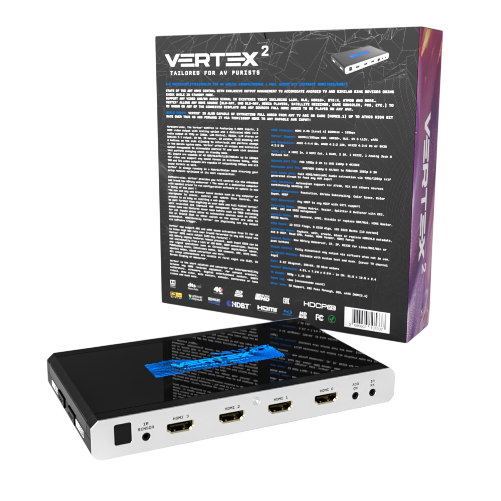 Hrbtna stran prodajne škatle HDfury Vertex 2 s celotnim besedilom specifikacij, ob njej enota s štirimi vhodi HDMI matrike